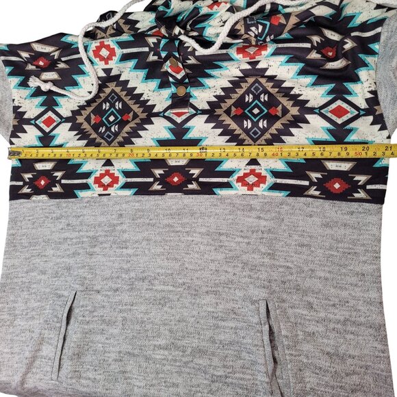 Women's Long Sleeve 4-Button Drawstring Printed Pullover Hoodie/Pockets - Large - Picture 6 of 7